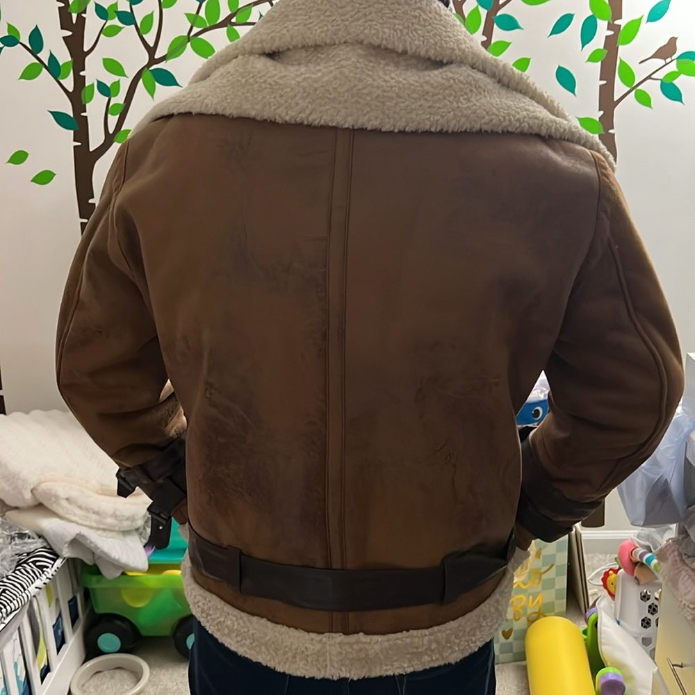 Zara Men's Brown Shearling Leather Jacket - Picture 9 of 9
